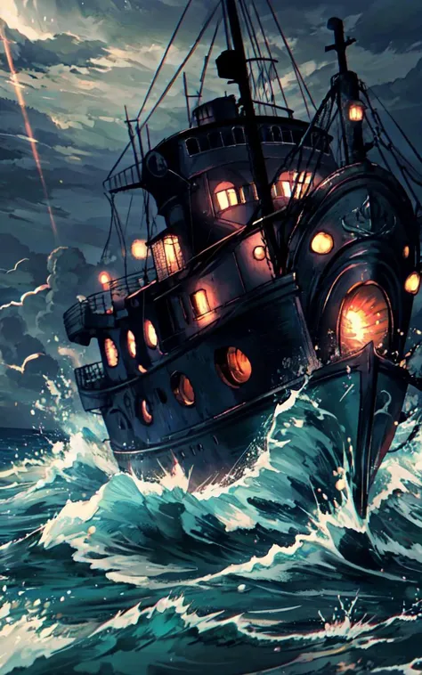 (HP Lovecraft Sea Tentacle Monster, Cthulhu attacks trawling boat), fierce storm raging, chaotic waves crashing, dim light flickering, eerie shadows, subsurface scattering