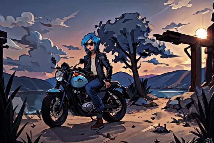 <lora:MooseGel:1> very stylized, 1man, motorcycle, sunglasses, blue_hair, leather, sunset,<lora:LCM_SD15:1.0>