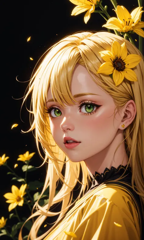 1 girl, beautiful, visually stunning, elegant, incredible details, yellow theme, simple black background, yellow flowers, award-winning painting, blonde hair, long hair, green eyes, ecstatic, opalescent, splashes of gold and yellow, abstract, the backgroun...