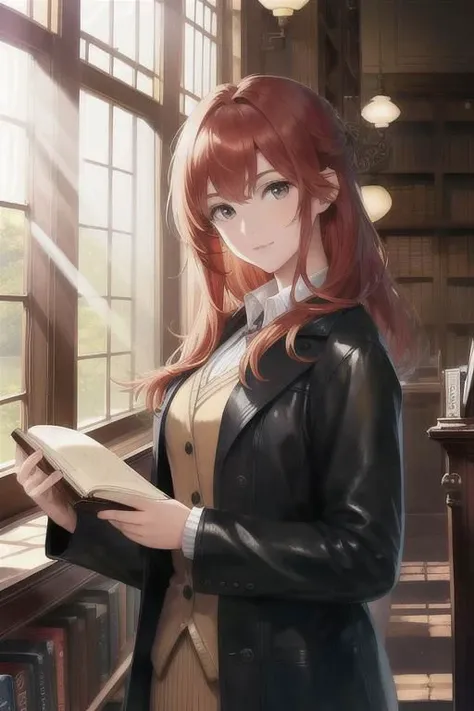 A sophisticated woman in a vintage bookstore, engrossed in an ancient, leather-bound tome, with dusty rays of light streaming through antique windows
masterpiece, best quality, intricate, realistic, photorealistic, red hair, 
 <lora:racial-chang-slider:-0....