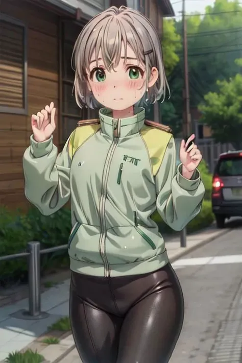 anime girl in a green jacket and black pants walking down a street