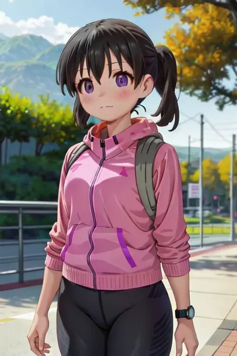 (masterpiece, best quality:1.1), intricate details,  Yoga pants, 
kuraue_hinata_encouragementofclimb, 
black_hair, blush, purple_eyes, twintails, bangs, closed_mouth, outdoors, hair_between_eyes