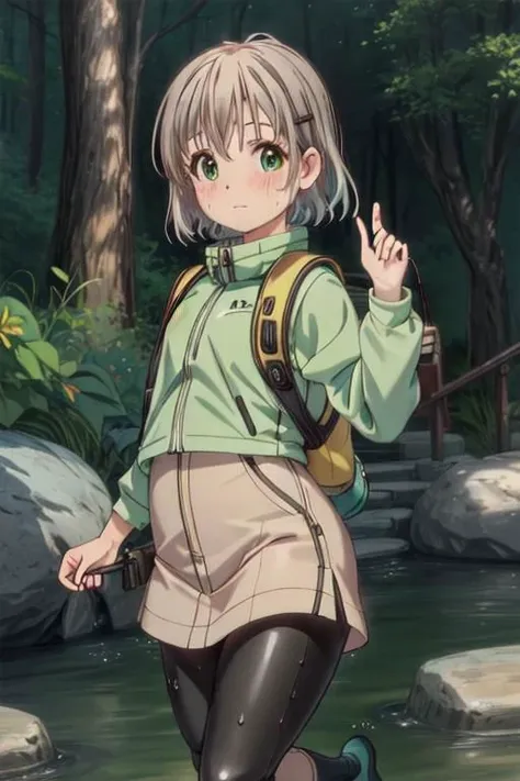 anime girl walking in the water with a backpack and a fish