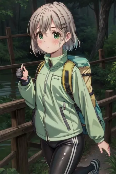 anime girl with backpack walking on bridge in forest area