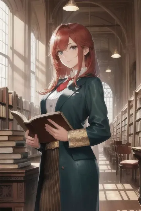 A sophisticated woman in a vintage bookstore, engrossed in an ancient, leather-bound tome, with dusty rays of light streaming through antique windows
masterpiece, best quality, intricate, realistic, photorealistic, red hair, 
 <lora:racial-chang-slider:-0....