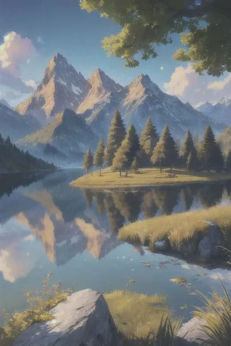 painting of a mountain lake with a few trees and a person