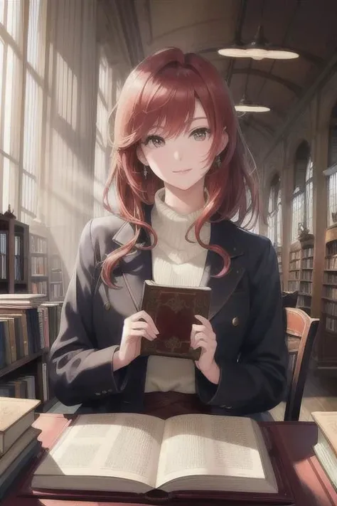 A sophisticated woman in a vintage bookstore, engrossed in an ancient, leather-bound tome, with dusty rays of light streaming through antique windows
masterpiece, best quality, intricate, realistic, photorealistic, red hair, 
 <lora:racial-chang-slider:-0....