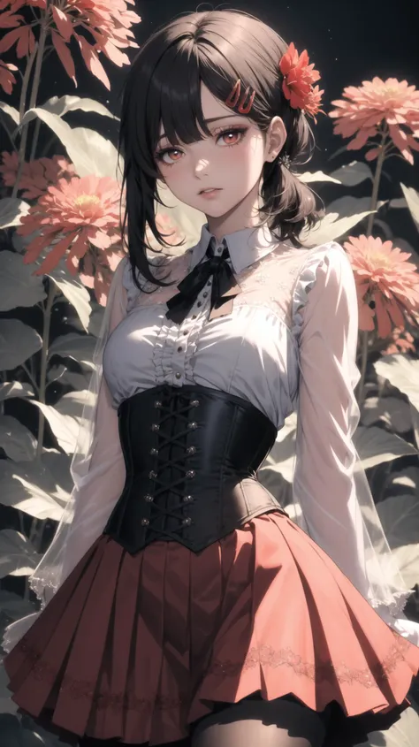 (masterpiece, best quality:1.2), (ultra detailed),
<lora:coloured glaze:0.5> coloured glaze, PIXIV,
red flower fractal art background,
intricate, frills, makeup, eyeliner, eyeshadow, asymmetrical bangs, blunt bangs,
see-through shirt, red skirt, red hairpi...