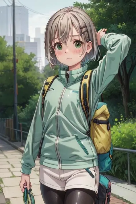 anime girl with backpack walking down the street with her hand on her head