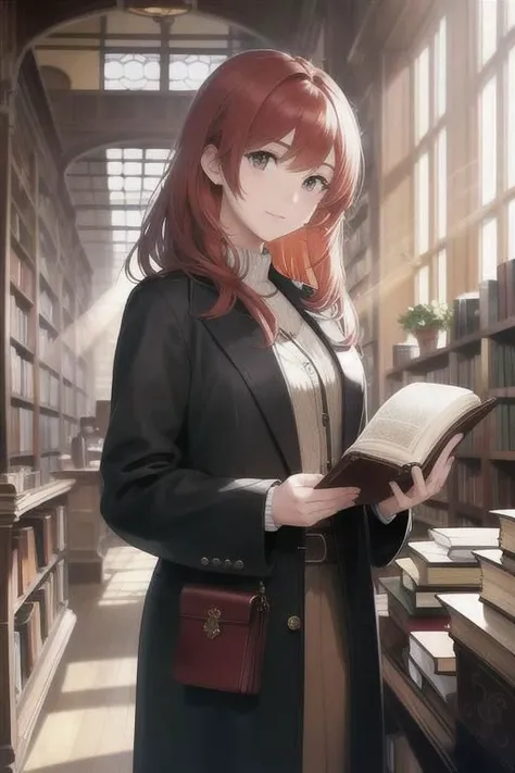 A sophisticated woman in a vintage bookstore, engrossed in an ancient, leather-bound tome, with dusty rays of light streaming through antique windows
masterpiece, best quality, intricate, realistic, photorealistic, red hair, 
 <lora:racial-chang-slider:-0....