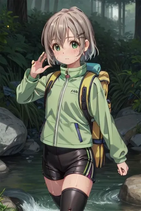 anime girl walking in the woods with a backpack and a phone