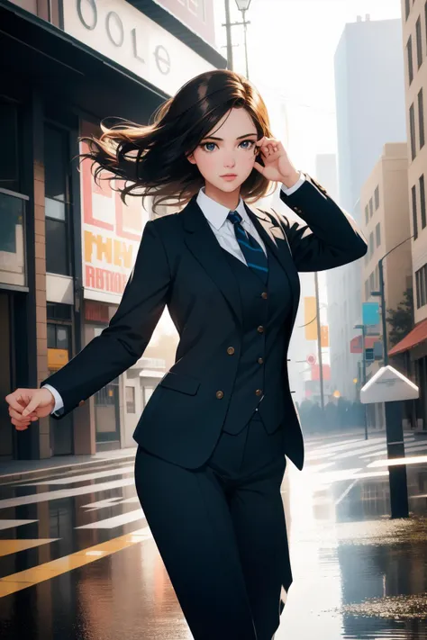 arafed image of a woman in a suit and tie walking down a street