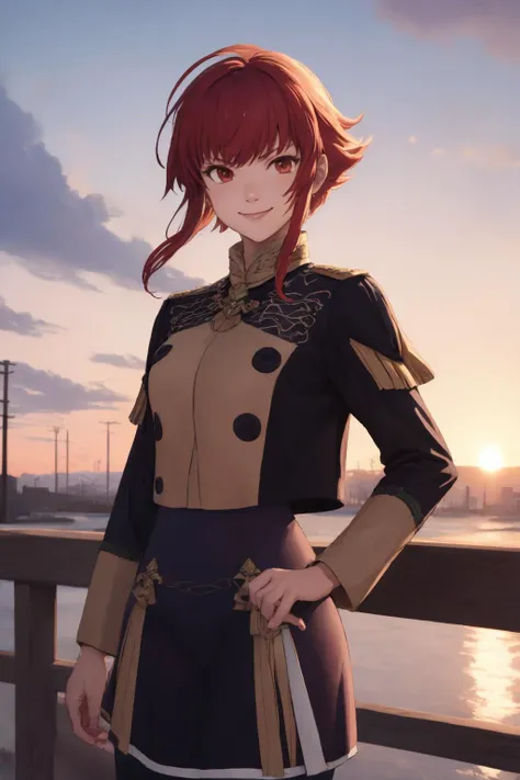 masterpiece, best quality, hinoka, sunset, (gmuniform), cowboy shot, looking at viewer, smile <lora:hinoka-nvwls-v1-final:0.9> <lora:gmuniform-nvwls-v1:1>