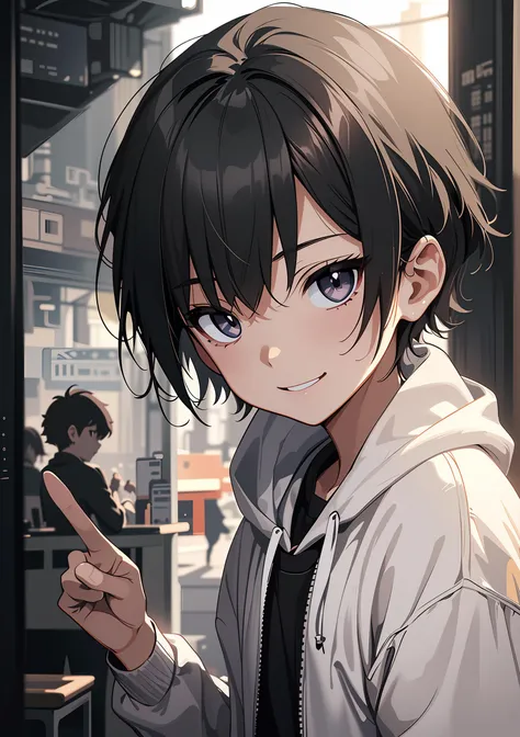 anime boy with black hair and blue eyes pointing at something