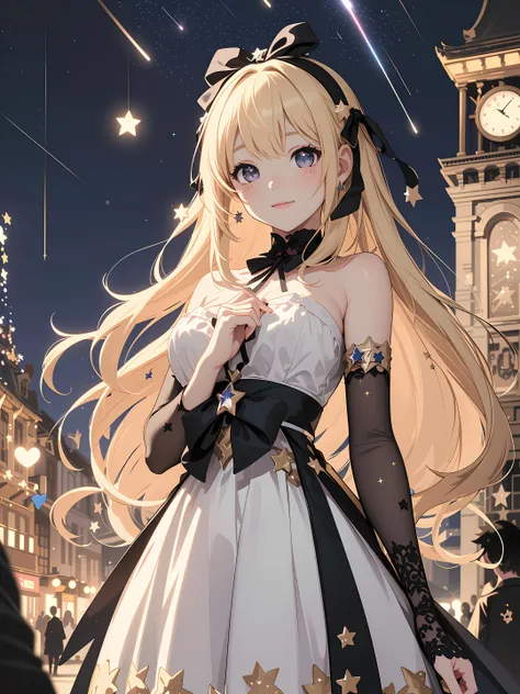 anime girl in a dress with stars and a clock tower in the background