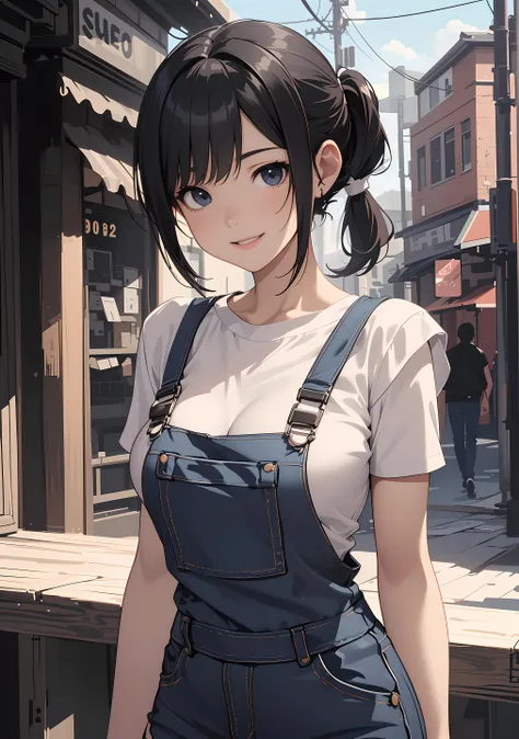 anime girl with ponytail hair and overalls standing in front of a building