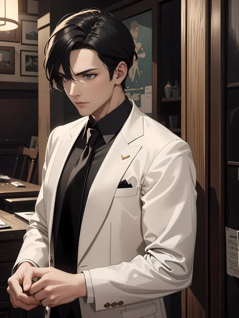 anime man in white suit and black tie standing in a room