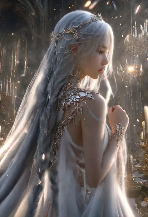 a woman with long white hair and a crown in a forest