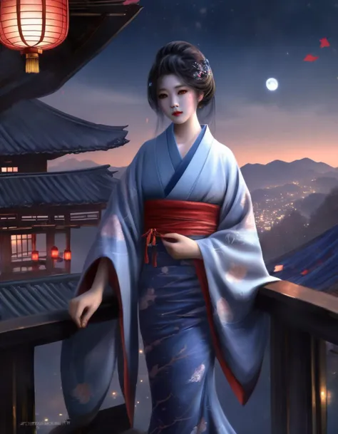 a painting in the style of guidao style, best quality, masterpiece , hdr, best quality, ultra highres,raw photo,A Japanese vampire princess, dressed in a traditional kimono, gazing at the starlit sky from a balcony. Her expression is mysterious and allurin...