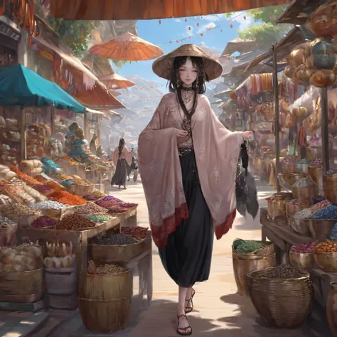 painting of a woman in a hat and kimono walking down a street