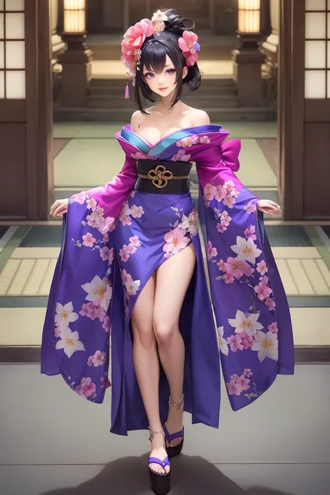 Concept art,Japanese two-dimensional style,game character design,1girl,solo,japanese clothes,kimono,black hair,hair ornament,full body,hair flower,blue kimono,breasts,looking at viewer,wide sleeves,cleavage,flower,smile,purple eyes,sash,tabi,open mouth,hai...