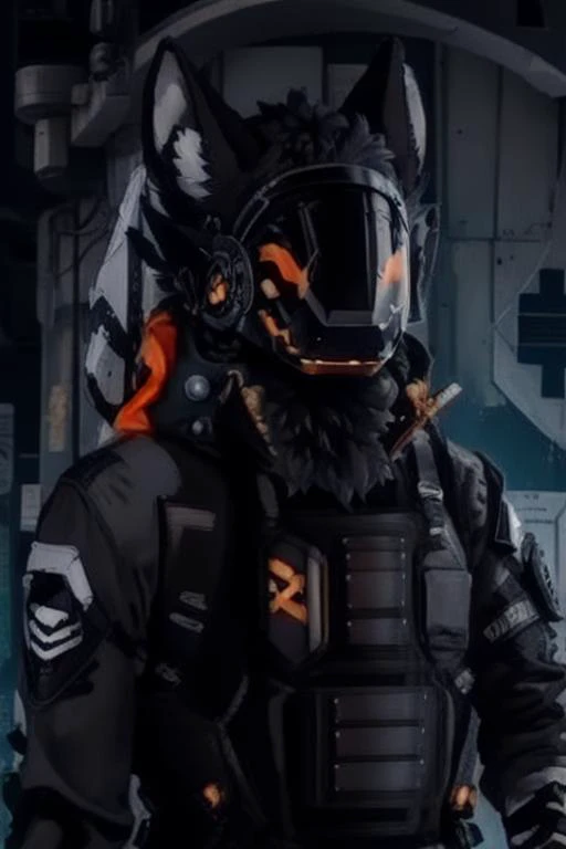 protogen, (protogen face:1.1), (protogen visor:1.1) .<lora:protogenLora_protogenV2Medium:1>, orange, black, dark gray, real fur. glosy fur,  <lora:urbanSamuraiClothing_urbansamuraiV03:1>, <lora:middleFingerLORA_midfingv1:1>, middle finger, fuck you, mad, t...