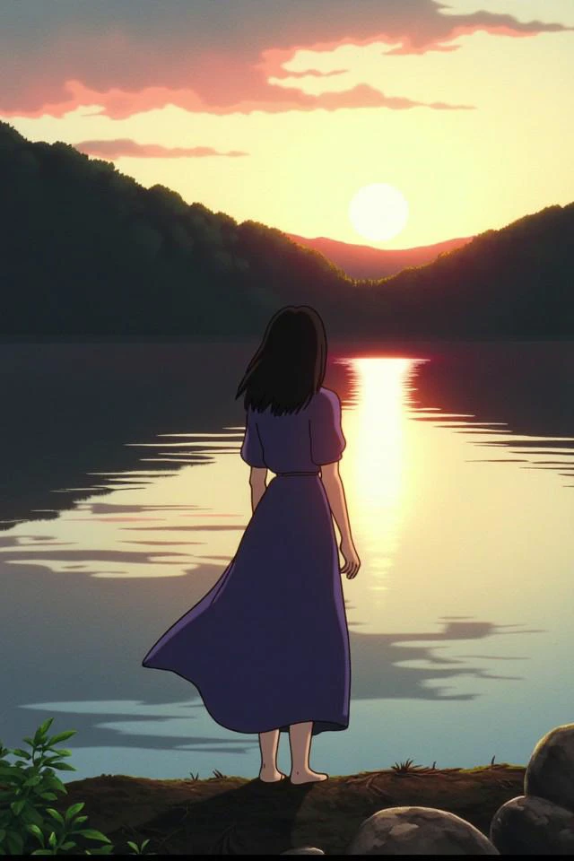 closeup of a woman standing at the edge of a quiet riverbank, her long dress trailing behind her, with the soft glow of the sett...