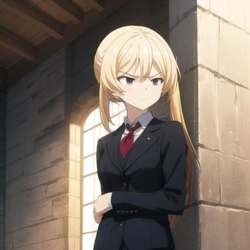 masterpiece, best quality, tsurime, lisesharte atismata, outside, serious face expression, emotionless and cold, formal elegant suit, 1 girl,  <lora:lisesharte-bahamut:0.79> <lora:Tsurime:0.90>