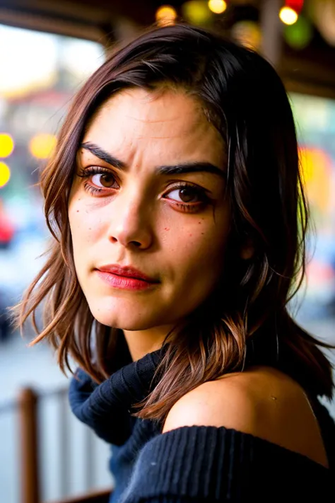 shannynS1 piercing eyes, looking straight, very happy,long hair, wearing an off-shoulder sweater, closeup portrait, in a outdoor cafe in 2015, afternoon light