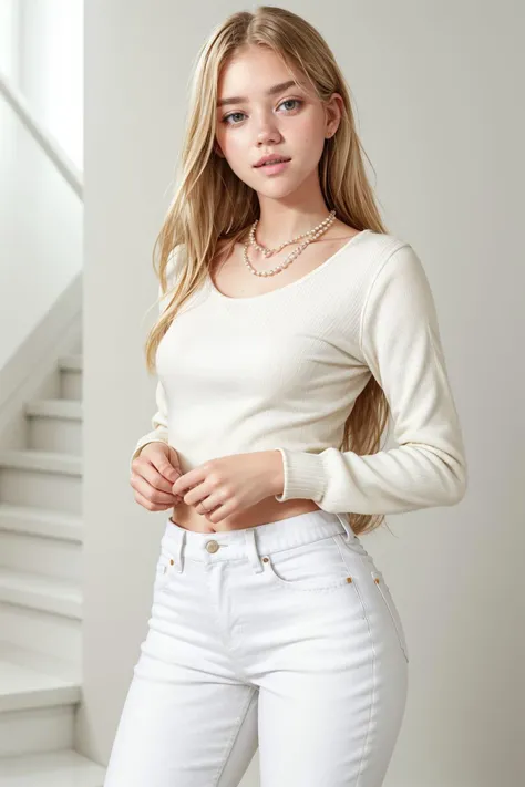 oliviab, a young woman with long, straight hair, wearing a white long-sleeved top and blue jeans, is posed leaning against a whi...