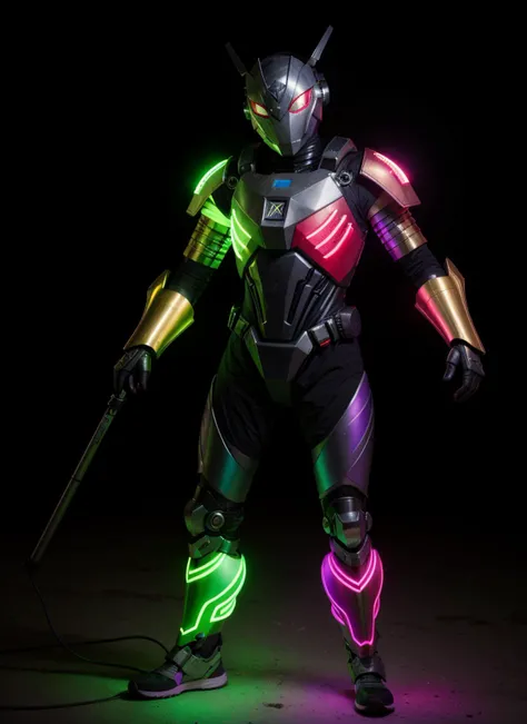 8k, RAW photo, Fujifilm eterna style photo,  (dark:1.4), (backlit photography:1.4), (facing viewer:1.2), full body ,(kamen rider:1.1), grasshopper mask, multicolored (exosuit:1.2) with neon eyes, armored (belt and gauntlet:1.1), outdoor,  fighting stance, ...