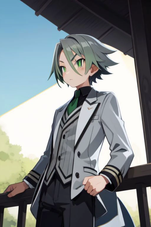 solo, 1boy, dark grey hair, french crop, light green eyes, light grey tailcoat, day, outdoors <lora:harada_takehito_Disgaea_style_v01:1>