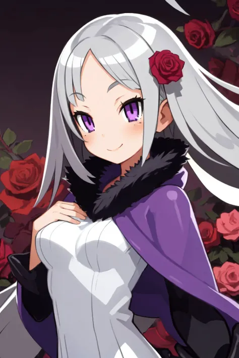 solo, 1girl, jumping, smile, blush, medium breasts, grey hair, single sidelock, light purple eyes, beautiful detailed face, ultra detailed eyes, dark purple poncho, dim light, Rose_Royalty (flower), floral background <lora:harada_takehito_Disgaea_style_v01...