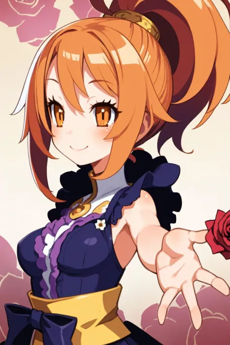 solo, 1girl, outstretched arm, smile, blush, medium breasts, orange hair, ponytail, golden eyes, beautiful detailed face, ultra detailed eyes, purple sash, bright, Rose_Royalty (flower), floral background <lora:harada_takehito_Disgaea_style_v01:1>