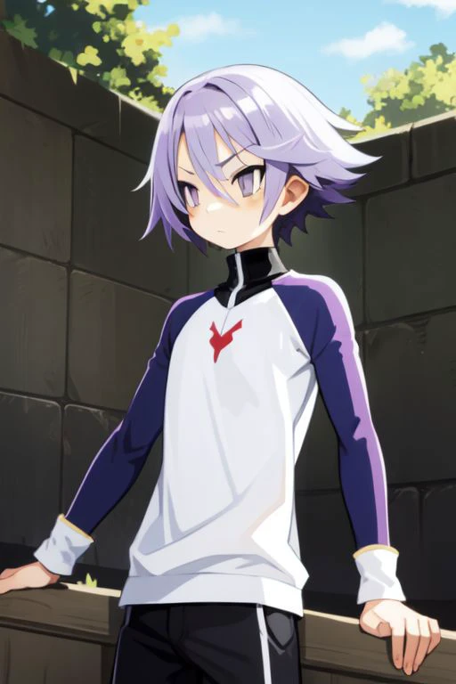 solo, 1boy, purple hair, fade, light grey eyes, cream raglan sleeves, no light, outdoors <lora:harada_takehito_Disgaea_style_v01:1>