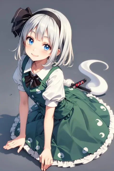 anime girl with blue eyes and a green dress sitting on the ground