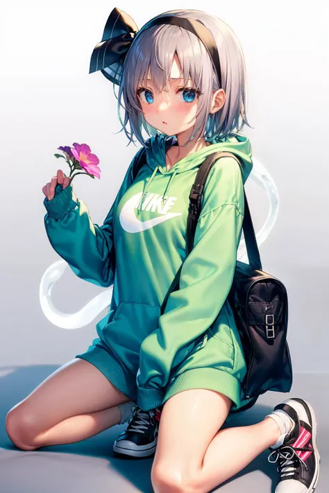 masterpiece, best quality, <lora:youmu-mver:1>,1girl, solo, hood, weapon, sword, konpaku youmu (ghost), sneakers, hoodie, grey hair, katana, shoes, looking at viewer, flower, short hair, ribbon, long sleeves, grey background, socks, alternate costume, blac...