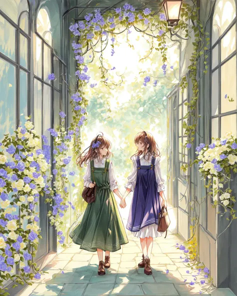 two girls walking down a walkway in a garden with flowers