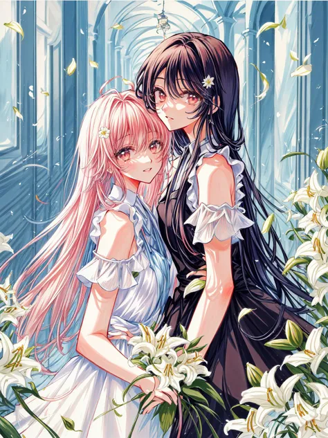 anime couple hugging in a garden with flowers