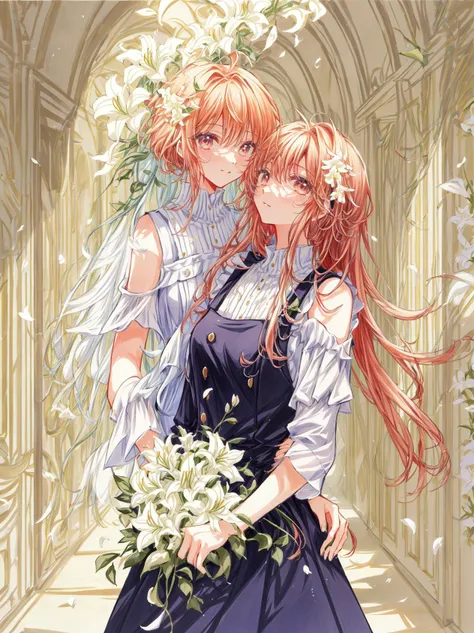 anime couple in wedding dress hugging in a hallway