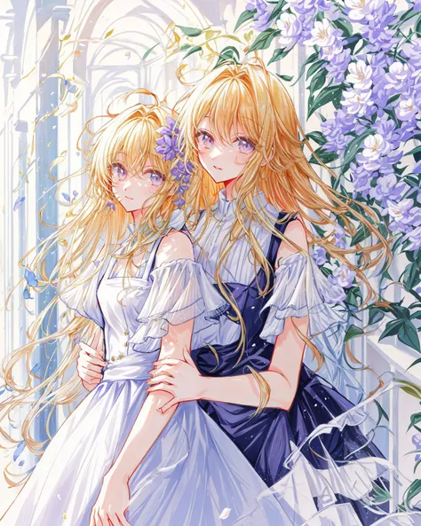 two anime girls in dresses standing next to each other