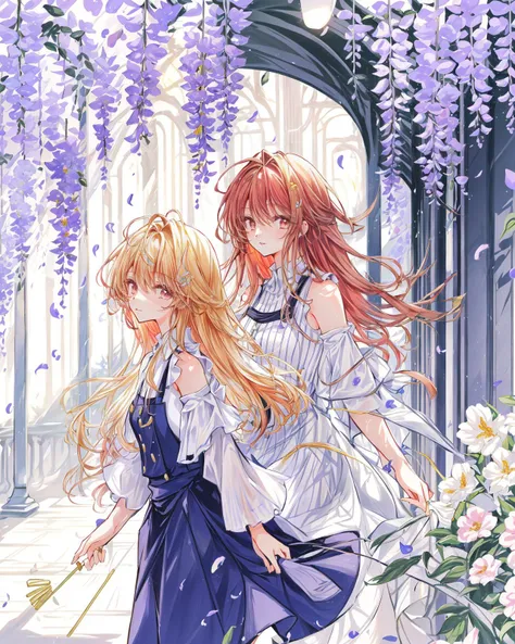 two anime girls walking through a garden with flowers