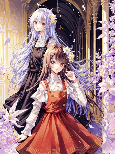 two anime girls in dresses standing next to each other