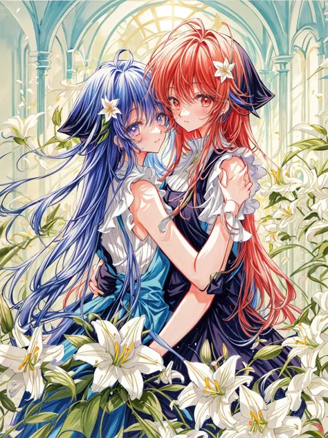 a couple of anime characters hugging each other in a garden