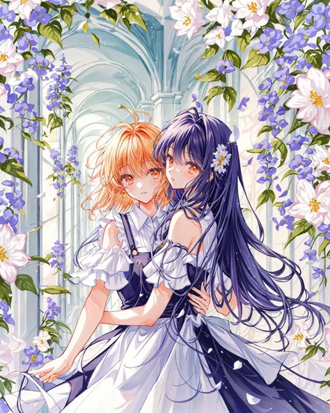 two anime girls in dresses standing in front of a flower covered archway