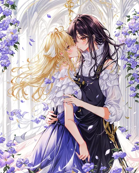 a couple of anime characters hugging in a garden of flowers