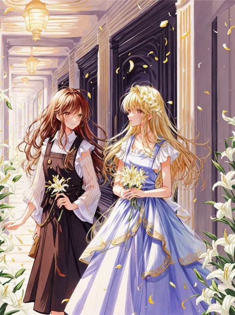 two anime girls in dresses are standing in a hallway