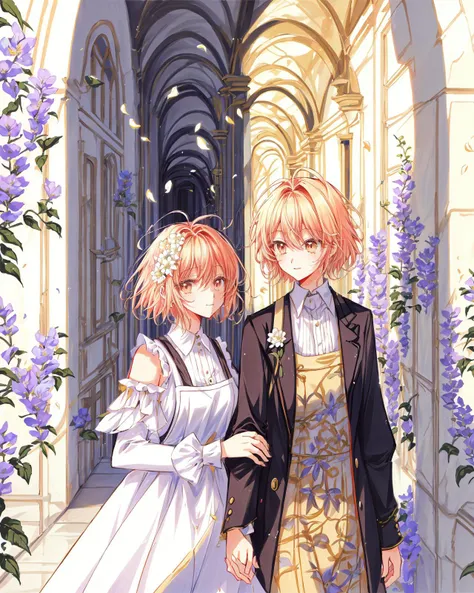 anime couple in formal dress standing in archway with flowers