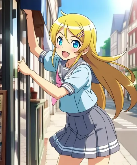 1girl,kirino,smile,open mouth,fang, slender figure,sailor uniform,blue-gray plits skirt,blue eyes,hair clip,stylish pose,town street,storefront,close up,sunny day,<lora:kirino_XL:0.8>,blonde long hair.shiny eyes,ultra-detailed,masterpiece,best quality,anim...