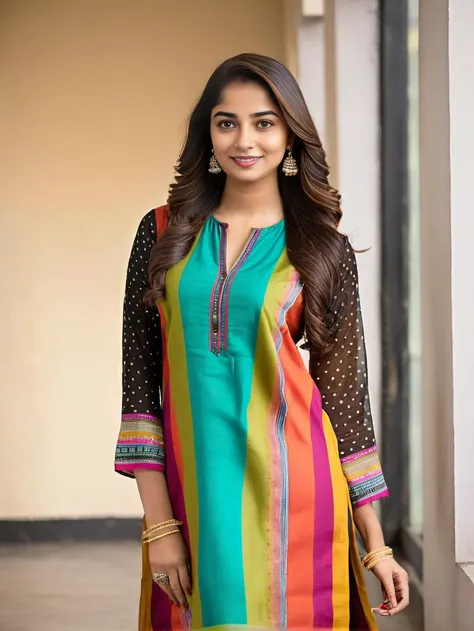 professional portrait photo, fully dressed, pretty, 25-year-old, wearing colorful kurti with leggings,  flat matte background, d...